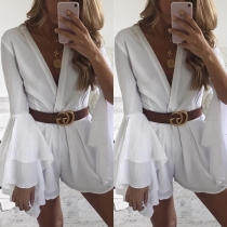 Sexy Deep V-neck Trumpet Sleeve Solid Color Romper
