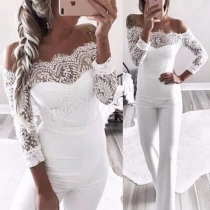 Sexy Off-shoulder Boat Neck Lace Spliced Long Sleeve Slim Fit Jumpsuit