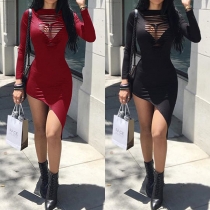Sexy Long Sleeve Round Neck Irregular Hem Hollow Out Tight Dress