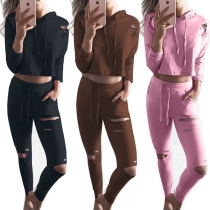 Sexy Long Sleeve Hooded Ripped Crop Top + Pants Two-piece Set