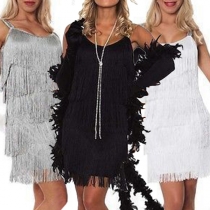 Sexy Backless Solid Color Sling Tassel Dress