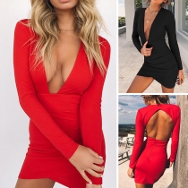 Sexy Backless Deep V-neck Long Sleeve Solid Color Bodycon Dress  Vestido justo sexy sem costas decote em v profundo manga longa cor sólida