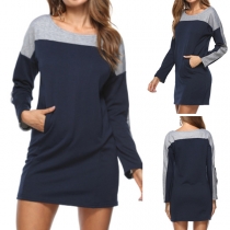 Fashion Contrast Color Long Sleeve Round Neck T-shirt Dress