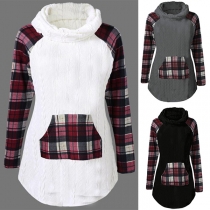 Fashion Plaid Spliced Long Sleeve Mock Neck Sweatshirt