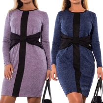 Fashion Contrast Color Long Sleeve Round Neck Slim Fit Dress