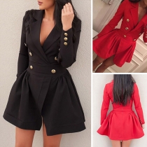 OL Style Long Sleeve Notched Lapel Double-breasted Solid Color Romper