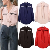 Fashion Lace Spliced Long Sleeve Lace-up Bowknot Chiffon Blouse