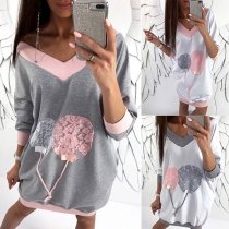 Fashion Contrast Color Long Sleeve V-neck Lace Spliced Sweatshirt Dress