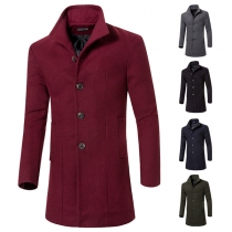 Fashion Solid Color Long Sleeve Single-breasted Men's Woolen Coat