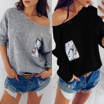 Sexy Oblique Shoulder Dolman Sleeve Sequin Spliced T-shirt