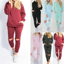 Fashion Solid Color Long Sleeve Ripped Hoodie + Pants Sports Suit