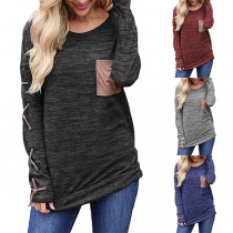 Fashion Lace-up Long Sleeve Round Neck Casual T-shirt
