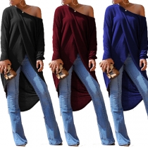 Sexy Oblique Shoulder Long Sleeve Irregular Hem Solid Color Top