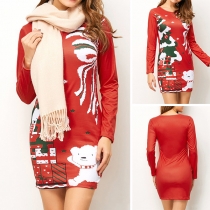 Fashion Christmas Tree Printed Long Sleeve Round Neck Slim Fit Dress