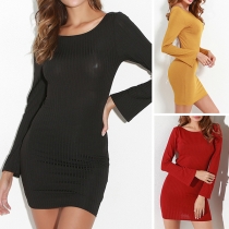 Sexy Lace-up Bowknot Backless Long Sleeve Solid Color Tight Dress