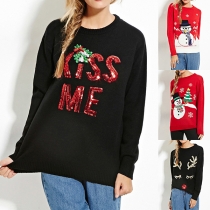 Fashion Sequin Spliced Long Sleeve Round Neck Pullover Sweater