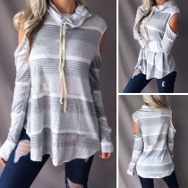 Sexy Off-shoulder Long Sleeve Heaps Collar Striped Top