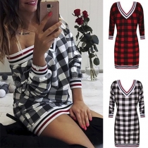 Fashion Long Sleeve V-neck Slim Fit Plaid Dress