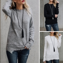 Fashion Solid Color Long Sleeve Round Neck Frayed Hem T-shirt