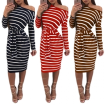 Sexy Oblique Shoulder Long Sleeve Slim Fit Lace-up Striped Dress