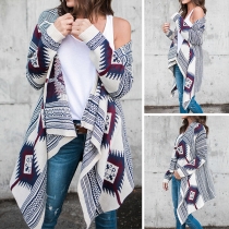 Fashion Geometric Pattern Printed Long Sleeve Irregular Hem Cardigan 