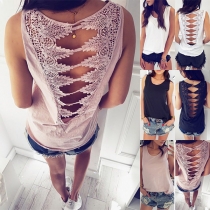 Sexy Lace Spliced Backless Solid Color Tank Top