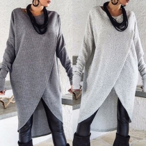 Chic Style Long Sleeve Round Neck Irregular Hem Solid Color Top 