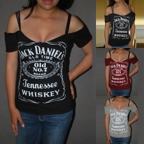 Sexy Off-shoulder Short Sleeve Letters Printed T-shirt 