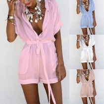 Sexy Deep V-neck Short Sleeve Solid Color Romper 