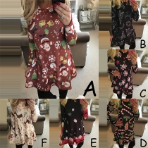 Fashion Long Sleeve Round Neck Printed Dress