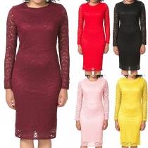 Elegant Solid Color Long Sleeve Round Neck Slim Fit Lace Dress