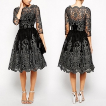 Sexy See-through Lace Spliced 3/4 Sleeve High Waist Princess Dress