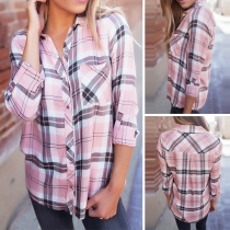 Fashion Long Sleeve POLO Collar Plaid Shirt 