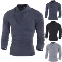 Fashion Solid Color Long Sleeve Oblique Button Men's T-shirt