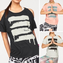 Sexy Off-shoulder Short Sleeve Round Neck Printed T-shirt