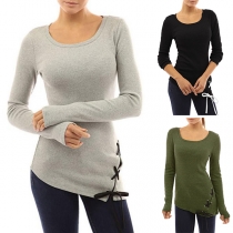 Fashion Solid Color Long Sleeve Irregular Lace-up Hem T-shirt