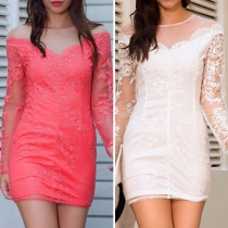 Sexy See-through Gauze Spliced Long Sleeve Round Neck Slim Fit Lace Dress