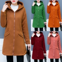 Fashion Solid Color Long Sleeve Hooded Plush Lining Coat 