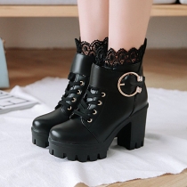 Sexy High-heeled Round Toe Lace Spliced Ankle Boots