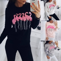 Fashion Embroidered Flamingo Pattern Long Sleeve Round Neck Sweatshirt
