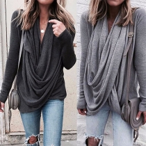 Chic Style Long Sleeve Cowl Neck Solid Color T-shirt