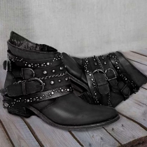 Fashion Round Toe Thick High-heeled Rhinestone Inlaid Boots