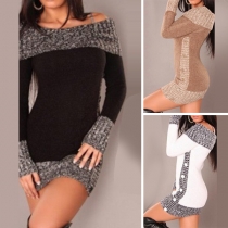 Sexy Off-shoulder Boat Neck Long Sleeve Slim Fit Contrast Color Sweater Dress