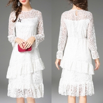 Elegant Solid Color Long Sleeve Round Neck Ruffle Hem Lace Dress