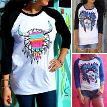 Fashion Contrast Color Long Sleeve Round Neck Printed T-shirt