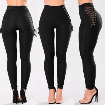 Fashion Lace-up High Waist Solid Color Tight Pants