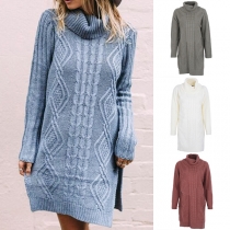 Fashion Solid Color Long Sleeve Turtleneck Slit Hem Sweater Dress