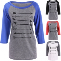 Fashion Contrast Color 3/4 Sleeve Round Neck Arrow Printed T-shirt