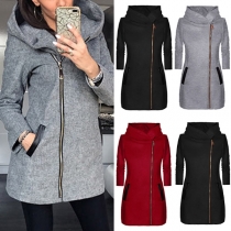 Fashion Solid Color Long Sleeve Hooded Side Zipper Coat