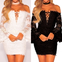 Sexy Off-shoulder Boat Neck Trumpet Sleeve Slim Fit Lace Dress